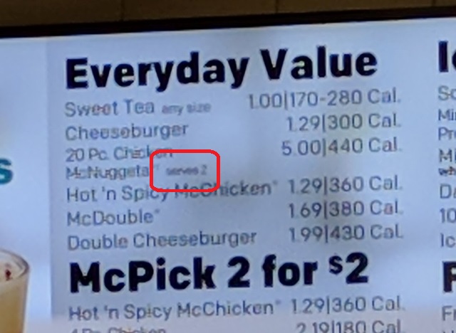 menu saying 20 piece mcnuggets serves 2